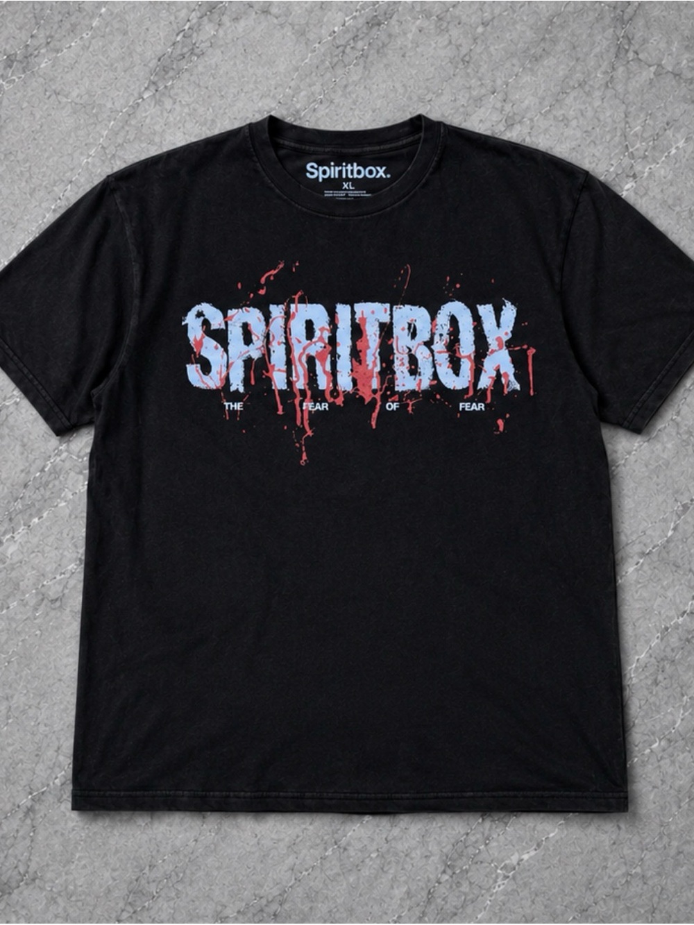 Spiritbox Black Tee with Light Blue Logo and Red Splatter